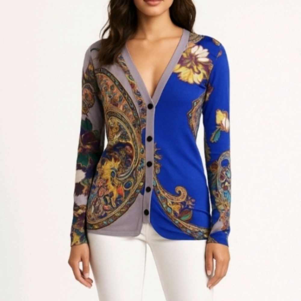 ETRO Milano Cardigan Blue Paisley Silk Ruched Long Sleeve Size 40 (8) ITALY NEW